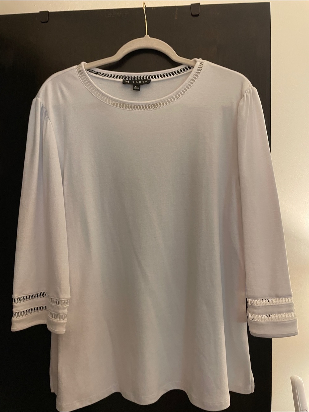 N Touch  White Crochet-Trim 3/4 Sleeve Top